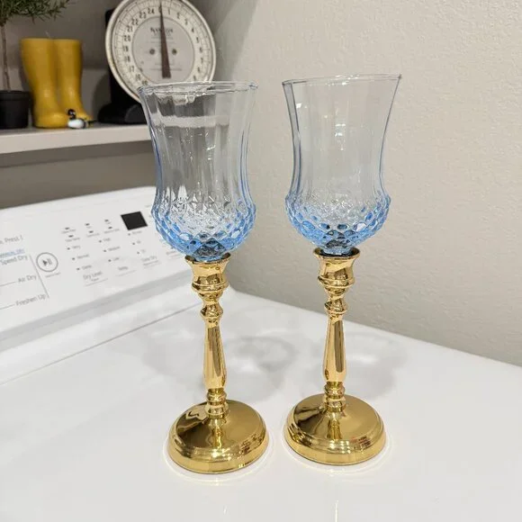 Vintage Brass and Blue Glass Candle holders - Picture 3 of 12